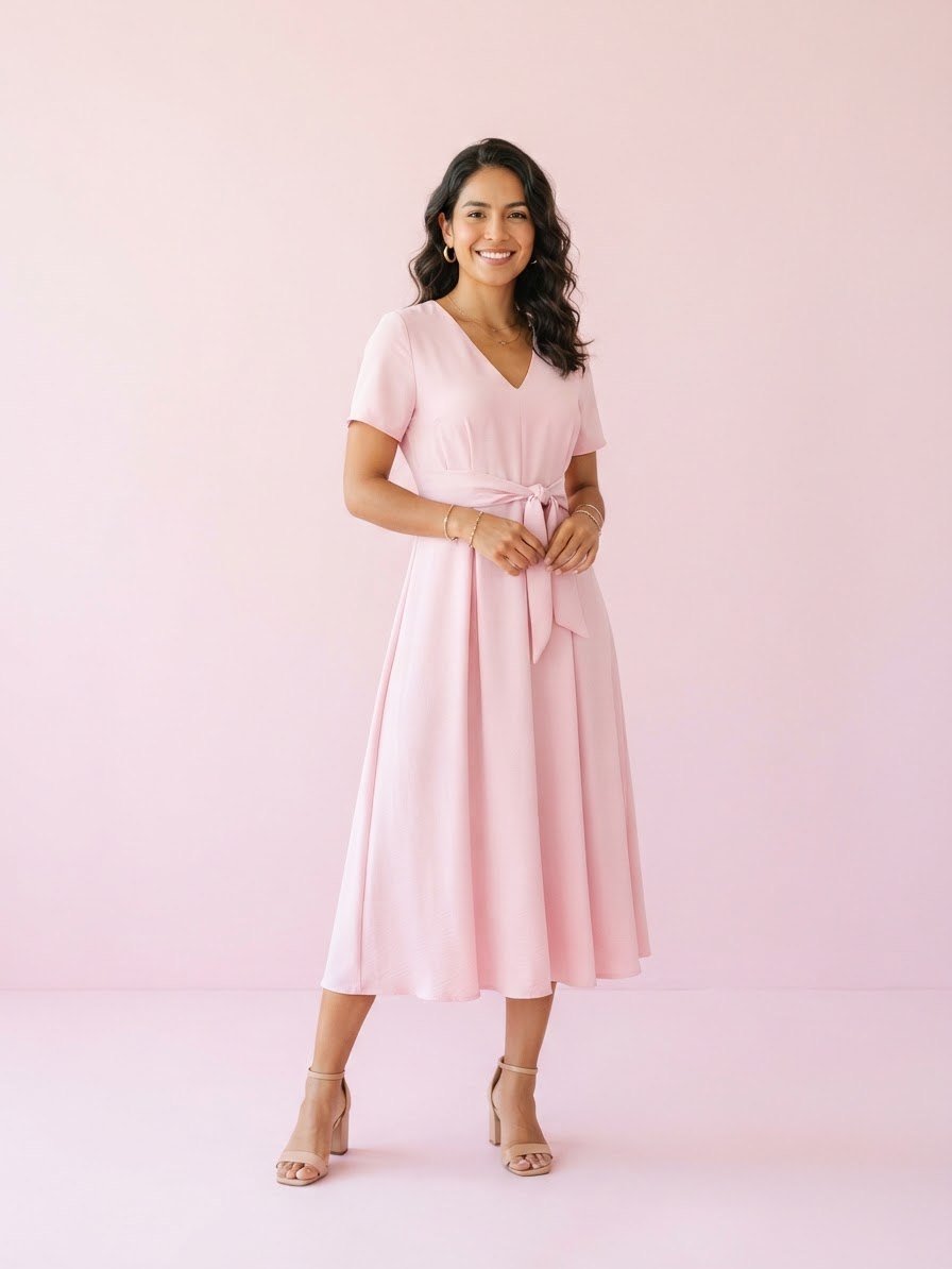 Vestido midi rosado con lazo