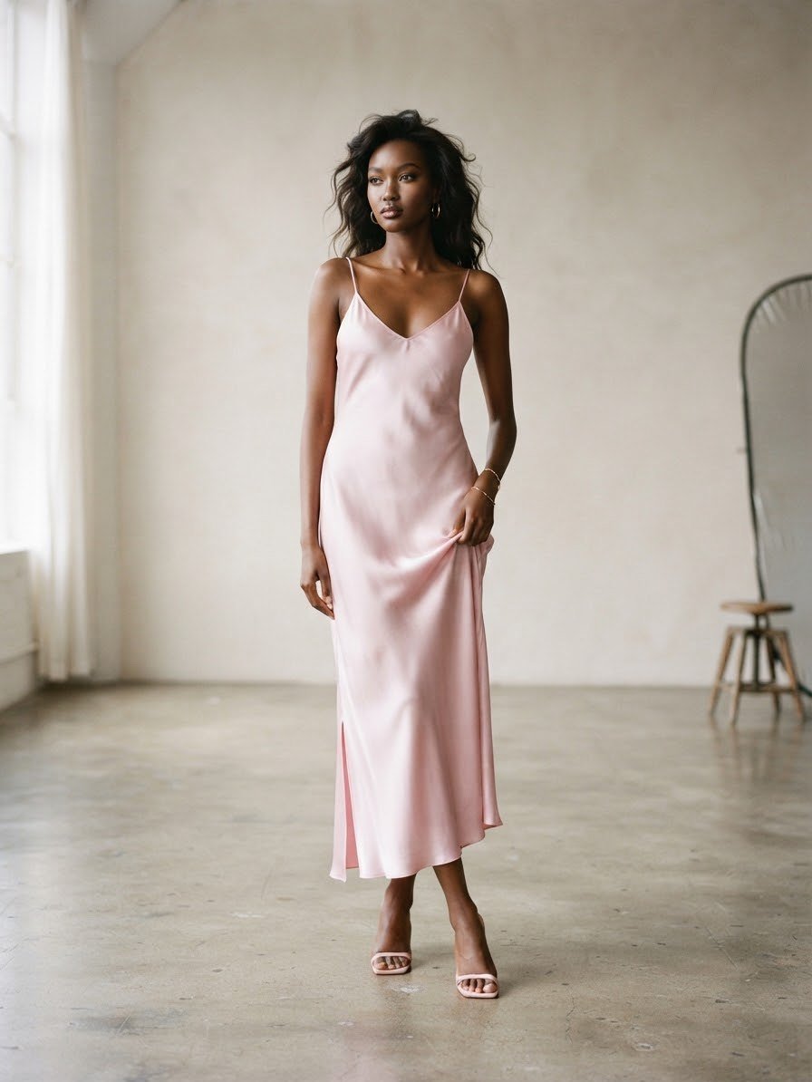 Vestido slip satinado rosa
